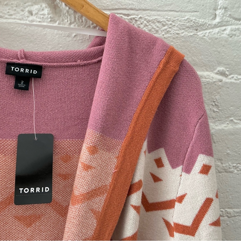 NWT Torrid Hooded Cardigan Duster Cinched Waist Orange Pink Print Boho Cozy Sz 2 - Picture 7 of 15